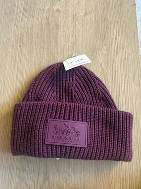 Coach Ribbed Beanie Hat in Plum